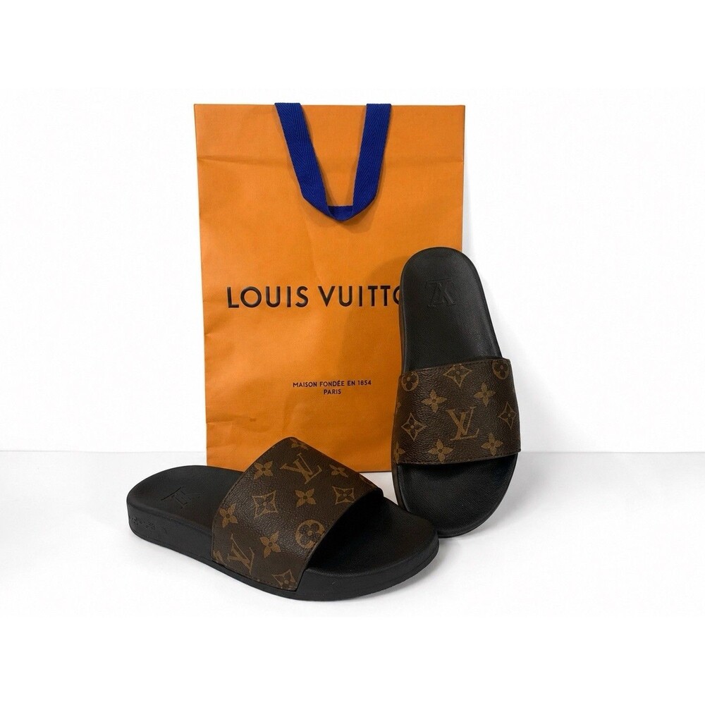 Louis Vuitton Waterfront Monogram Slide Sandals Men’s EU 41 US 8 Black Brown Bag